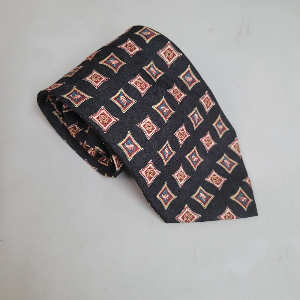 Vtg Chaps Ralph Lauren Mens Silk Tie Black Geometric Square Pattern USA Made